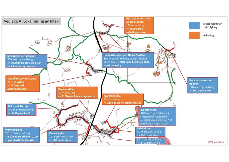 Kart som viser oversikt over sikringstiltakene på Rødde. Kilde: Sikringsplan P20256, NVE.