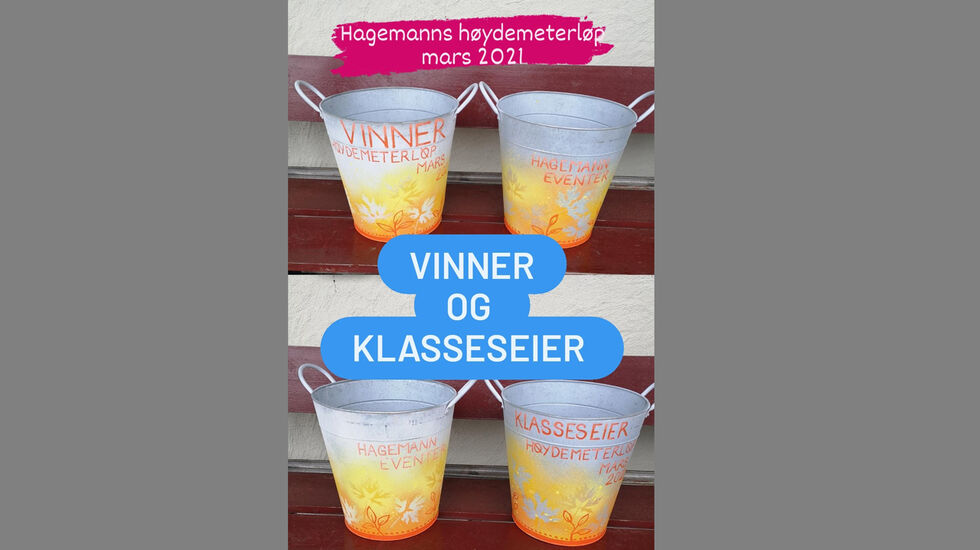 Premiene i Hagemanns Høydermeterløp er en bøtte med påmalt tekst. (Foto fra Hagemanns høydermetersløp fb-side).