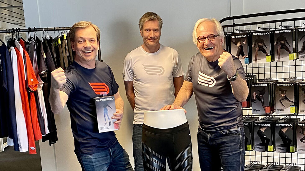 Kim, Espen og Svein Andersen i familiebedriften Smart4U Group har som alltid høye ambisjoner. Nå lanserer de Pressio på markedet for treningsklær. (Foto: Kine Andersen)