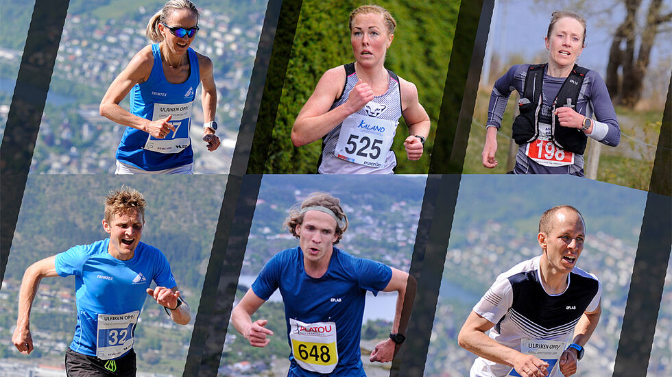 Noen sterke fjelløpere som Kondis tror kan ha kapasitet til å vinne Bergen Fjellmaraton: Anita Iversen Lilleskare, Eli Anne Dvergsdal, Rebekka Færø Linde, Anders Kjærevik, Anders Sommer, Lorentz Erland Linde. (Foto/montasje: Arne Dag  Myking)