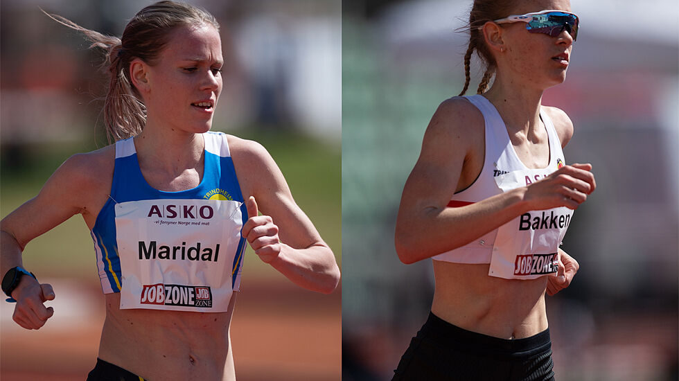 Hanne Mjøen Maridal og Ine Bakken, her fra Tjalve ASKO Holmenkollstafetten 10000m på Bislett den 8. mai i år. (Foto: Samuel Hafsahl)