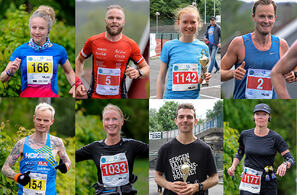 Vinnerne i Bergen Ultra, på fire distanser: Therese Falk, Tor-Aanen Kallekleiv, Adele Henriksen, Thomas Schjøtt Hannevig. Bjørn Tore Kronen Taranger, Kjersti Ervik, Tage Morken Augustson, Holmfridur Adalsteinsdottir. (Foto: Arne Dag Myking)