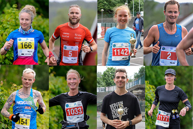 Vinnerne i Bergen Ultra, på fire distanser: Therese Falk, Tor-Aanen Kallekleiv, Adele Henriksen, Thomas Schjøtt Hannevig. Bjørn Tore Kronen Taranger, Kjersti Ervik, Tage Morken Augustson, Holmfridur Adalsteinsdottir. (Foto: Arne Dag Myking)
