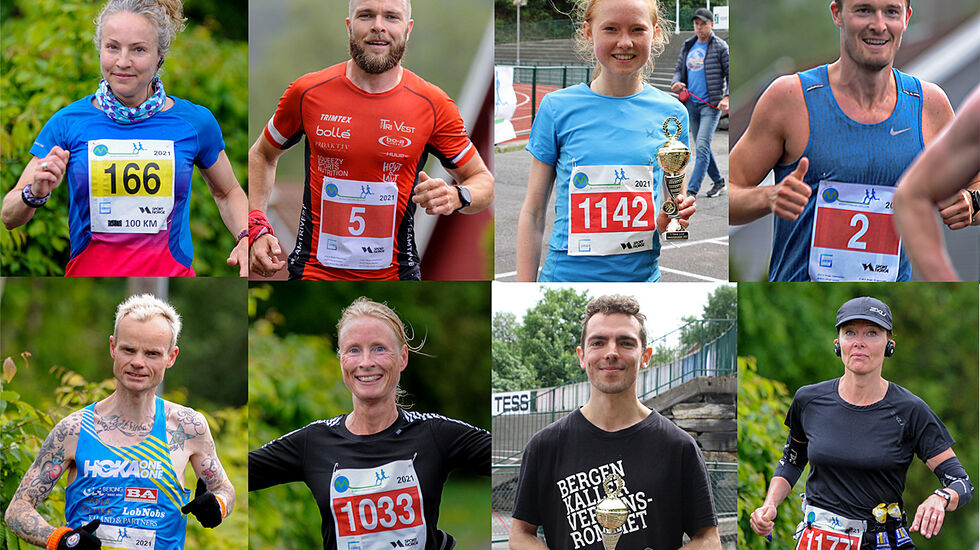 Vinnerne i Bergen Ultra, på fire distanser: Therese Falk, Tor-Aanen Kallekleiv, Adele Henriksen, Thomas Schjøtt Hannevig. Bjørn Tore Kronen Taranger, Kjersti Ervik, Tage Morken Augustson, Holmfridur Adalsteinsdottir. (Foto: Arne Dag Myking)