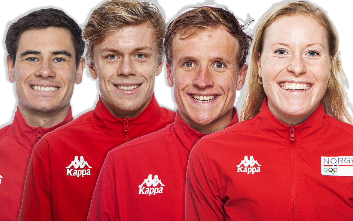 Følgende triatleter skal representere Norge i OL. Fra venstre: Gustav Iden, Casper Stornes, Kristian Blummenfelt og Lotte Miller. Portrettfoto: Heiko Junge / NTB