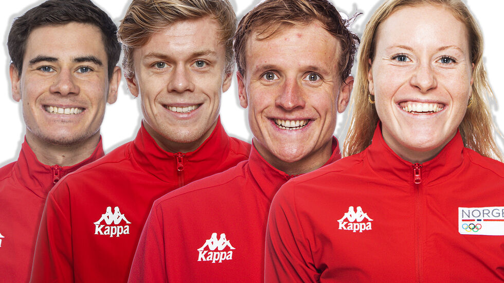 Følgende triatleter skal representere Norge i OL. Fra venstre: Gustav Iden, Casper Stornes, Kristian Blummenfelt og Lotte Miller. Portrettfoto: Heiko Junge / NTB