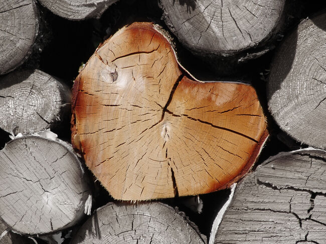 Stablede tømmerstokker, hvor den i midten er hjerteformet.
