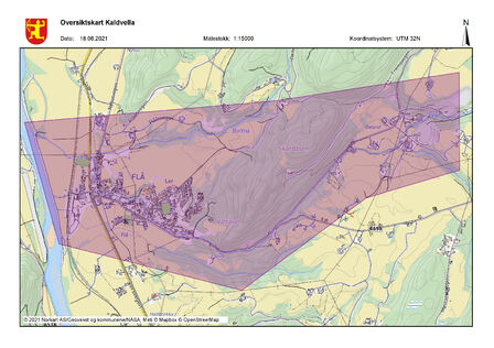 Kart som viser Kaldvella og hvilke områder langs vassdraget som skal kartlegges