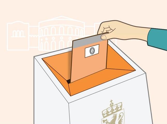 En tegnet illustrasjon av en hånd som putter en stemmeseddel i en urne.