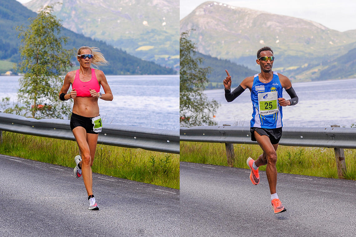 Silje Eklund og Ebrahim Abdulaziz løp seg inn til NM-titler på maratondistansen under Jølster Maraton. (Foto: Arne Dag Myking)
