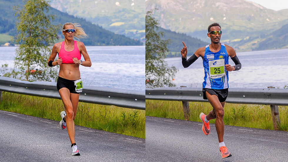 Silje Eklund og Ebrahim Abdulaziz løp seg inn til NM-titler på maratondistansen under Jølster Maraton. (Foto: Arne Dag Myking)