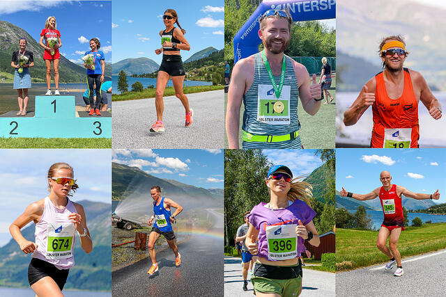 Det ble løpt både 10 km og hel- og halvmaraton under årets Jølstermaraton. Se alle bildene av deltakerne. (Fotomontasje: Arne Dag Myking)