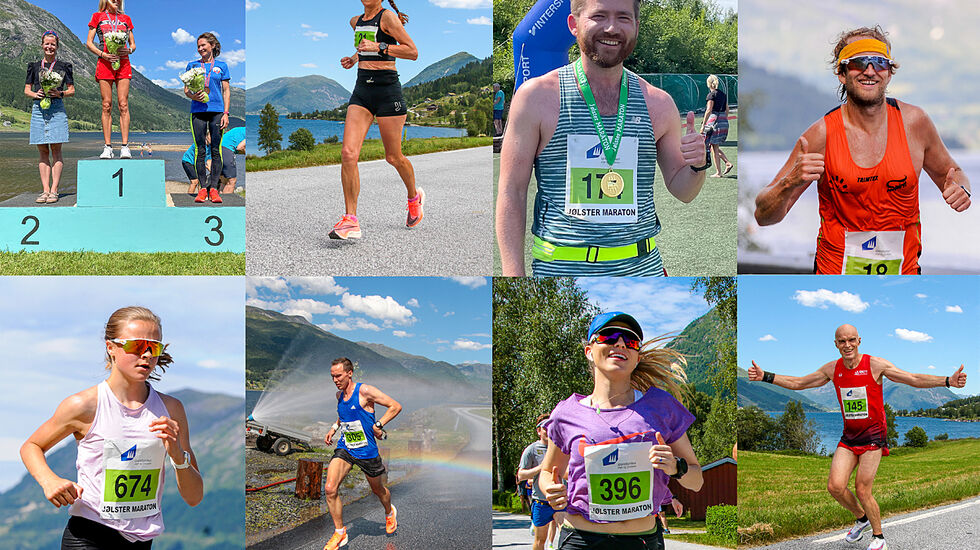Det ble løpt både 10 km og hel- og halvmaraton under årets Jølstermaraton. Se alle bildene av deltakerne. (Fotomontasje: Arne Dag Myking)