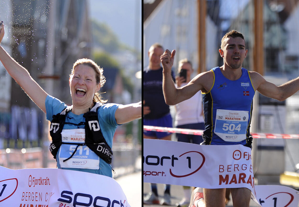 Det ble seiere til Tage Morken Augustson og Margunn Bye Tøsdal i strålende vær på Bergen City Maraton (Foto: Arne Dag Myking)