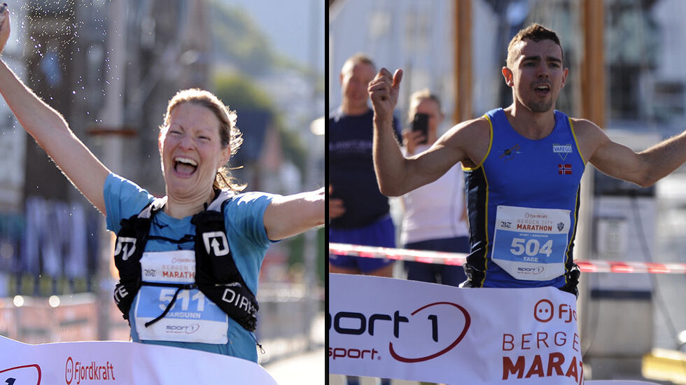 Det ble seiere til Tage Morken Augustson og Margunn Bye Tøsdal i strålende vær på Bergen City Maraton (Foto: Arne Dag Myking)