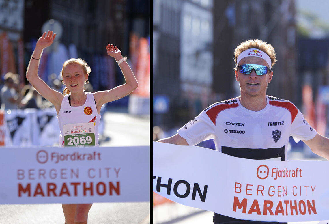 Adele Henriksen og Kristian Blummenfelt var begge overlegne på halvmaratondistansen under Bergen City Marathon lørdag formiddag. (Foto: Arne Dag Myking)