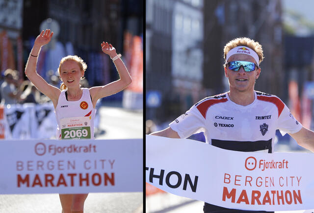 Adele Henriksen og Kristian Blummenfelt var begge overlegne på halvmaratondistansen under Bergen City Marathon lørdag formiddag. (Foto: Arne Dag Myking)