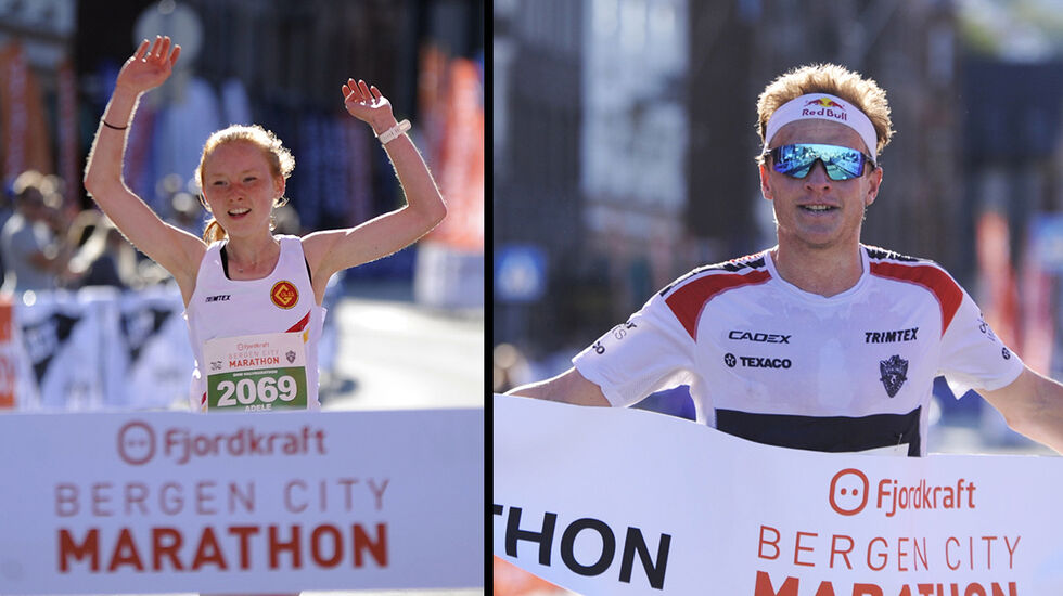 Adele Henriksen og Kristian Blummenfelt var begge overlegne på halvmaratondistansen under Bergen City Marathon lørdag formiddag. (Foto: Arne Dag Myking)