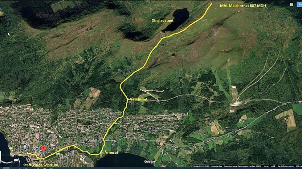 Løypetrasen for motbakkeløpet fra Volda sentrum til Melshornet