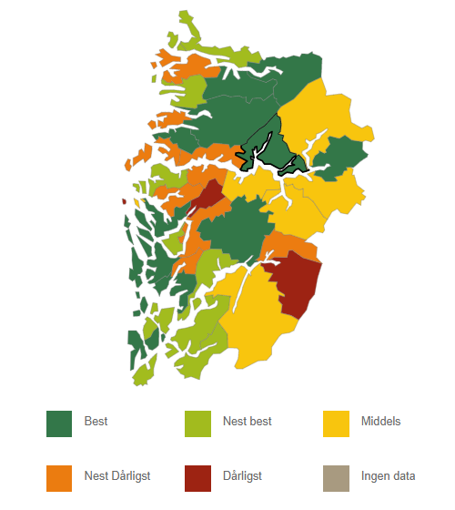 Kart med fargemarkering der Sogndal kommune er farga mørkegrøn, som står for best.
