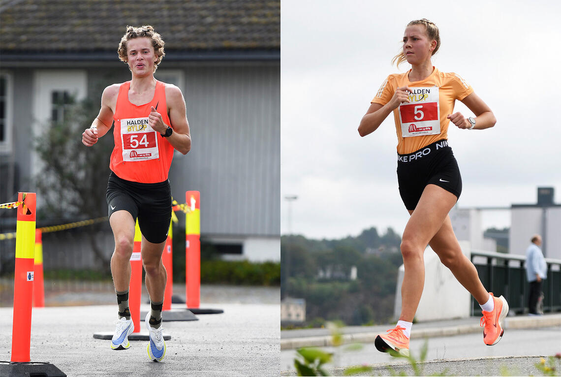 Adrian Westlie og Kamilla Bønøgård vant 10 km i Halden Byløp 2021. (Foto: Bjørn Johannessen)