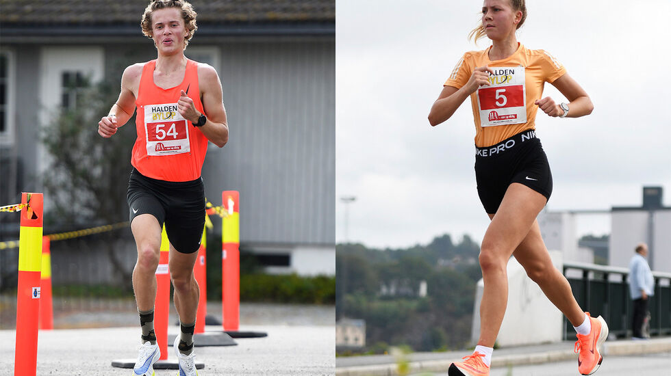 Adrian Westlie og Kamilla Bønøgård vant 10 km i Halden Byløp 2021. (Foto: Bjørn Johannessen)