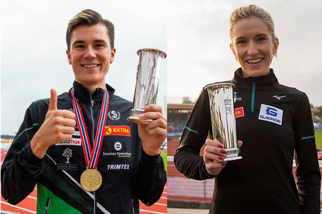 Kongepokalvinnere 2021: Jakob Ingebrigtsen, Sandnes IL og Karoline Bjerkeli Grøvdal, IK Tjalve. (Foto fra mesterskapets facebookside)