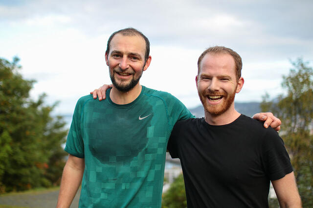 Calum Leitch og Jon Berg Eriksen var de to første som gikk i mål på det første Løvstien Parkrun etter den lange koronapausen. (Alle foto: Arne Dag Myking)
