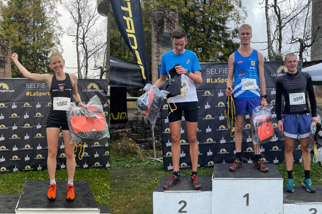 Karoline Holsen Kyte vant kvinneklassen. Premiepallen til høyre er fra puljen til vinner Anders Haga. Han er omkranset av Herman Brustad og Martin Jancus. (Foto: arrangørens FB-side).