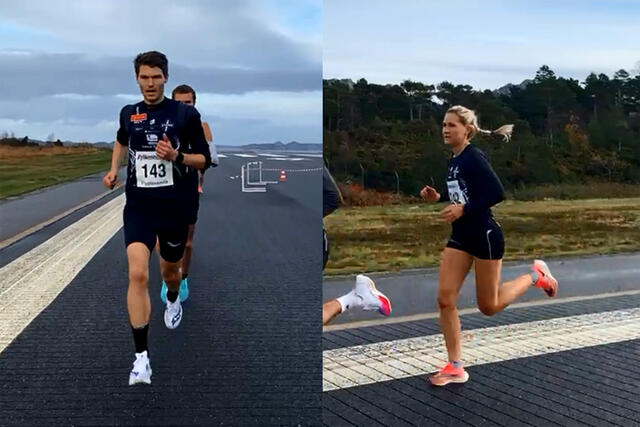 Tom Erling Kårbø vant herreklassen, mens Pernilla Epland vant kvinneklassen da Flyplassmila ble arrangert for første gang på Stord. (Foto: skjermdump fra arrangørens streaming)