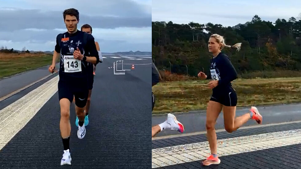 Tom Erling Kårbø vant herreklassen, mens Pernilla Epland vant kvinneklassen da Flyplassmila ble arrangert for første gang på Stord. (Foto: skjermdump fra arrangørens streaming)