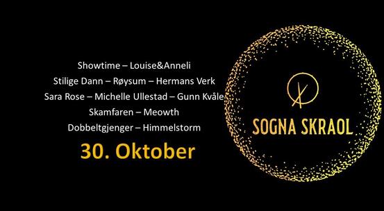 Logoen til Sogna Skraol, ein sirkel ramma inn av gule prikkar mot svart bakgrunn, med ei tromme og teksten "Sogna Skraol" i midten. Lista med artistar på sida.