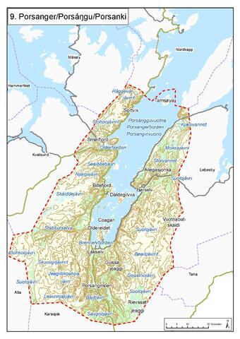 Kart over Porsanger som Finnmarkskommisjonen jobber med utgangspunkt i, også kalt Felt 9