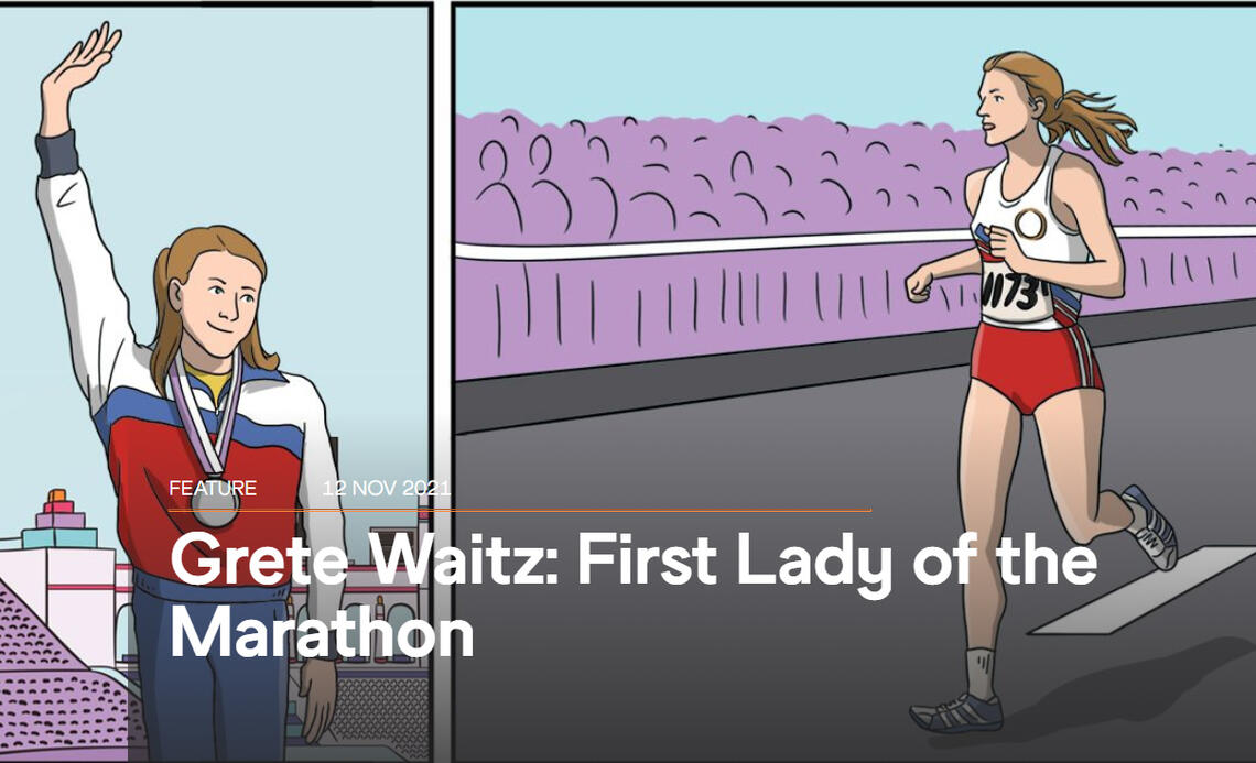 Tegneserien tar oss med gjennom størsteparten av Grete Waitz' strålende løpskarriere. (Tegning: © Christel Saneh)