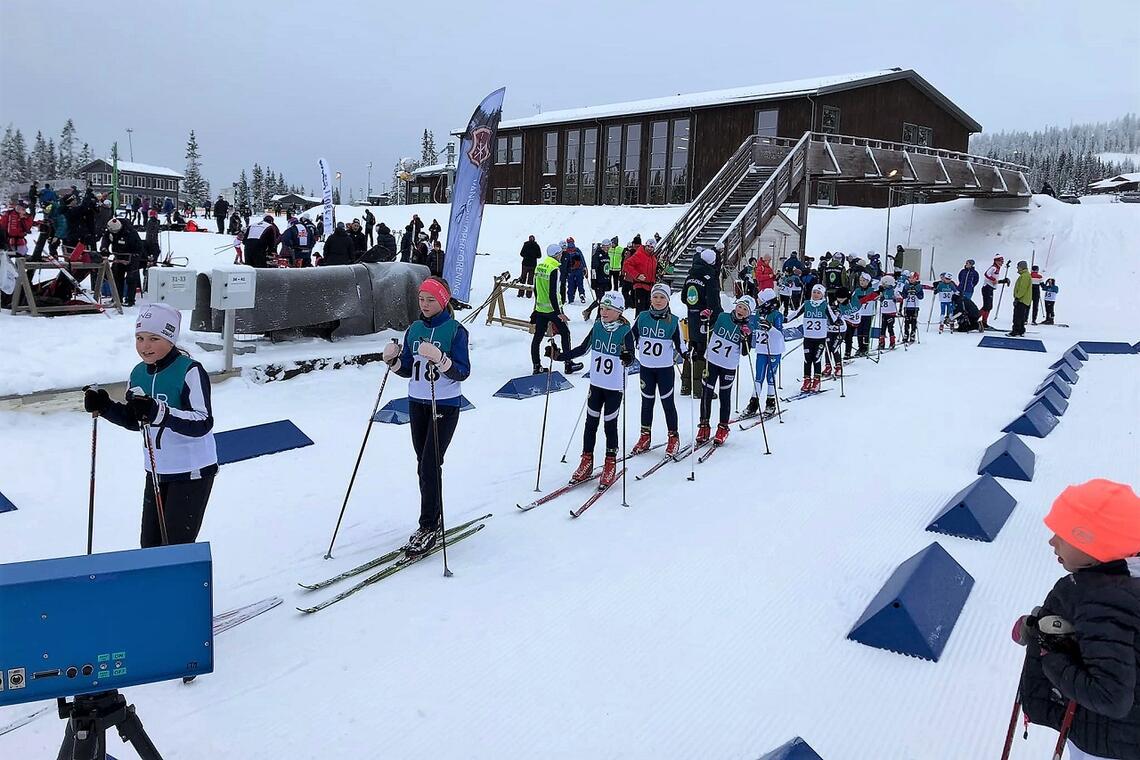 Jentene i 10-årsklassen på rekke og rad og klare for vinterens første skirenn. (Foto fra Søre Ål Il's facebookside)