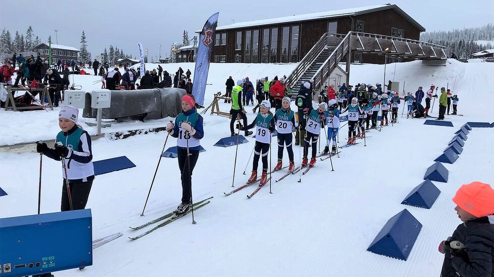 Jentene i 10-årsklassen på rekke og rad og klare for vinterens første skirenn. (Foto fra Søre Ål Il's facebookside)