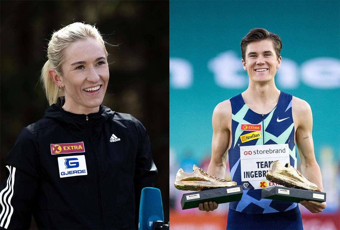 Karoline Bjerkeli Grøvdal og Jakob Ingebrigtsen kan motta Kondis' gullsko som landets beste langdistanseløpere i 2021. (Foto: Samuel Hafsahl og Sylvain Cavatz)