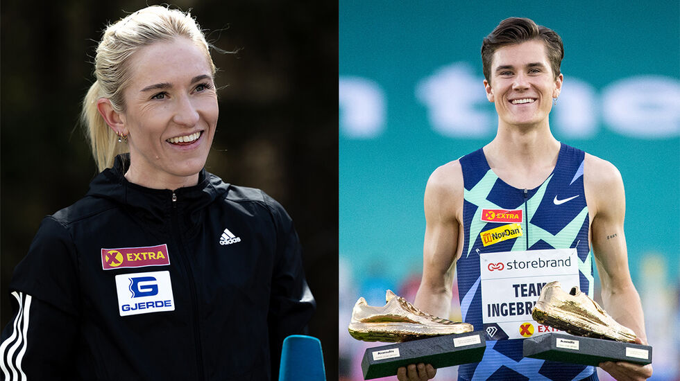 Karoline Bjerkeli Grøvdal og Jakob Ingebrigtsen kan motta Kondis' gullsko som landets beste langdistanseløpere i 2021. (Foto: Samuel Hafsahl og Sylvain Cavatz)