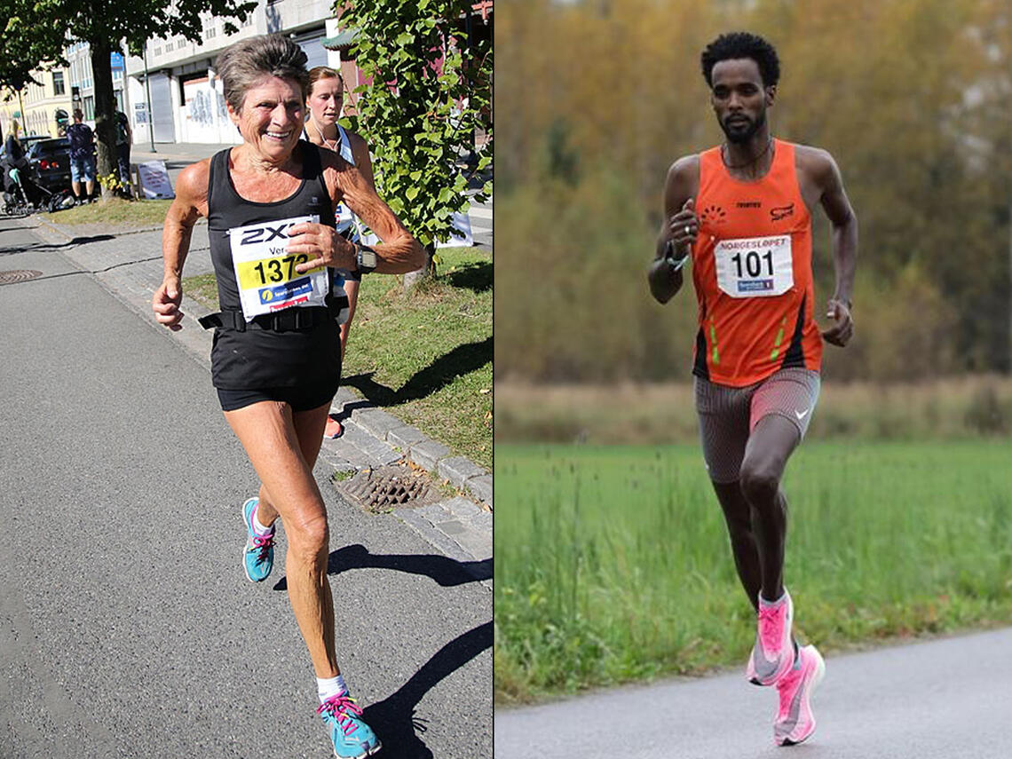 Vera Nystad, her fra Drammen maraton i 2016 og Zerei Kbrom, fra Norgesløpet 2020, var de beste på halvmaraton i 2021 - etter omregning ut fra veterantabellene. (Foto: Heming Leira og Bjørn Hytjanstorp)