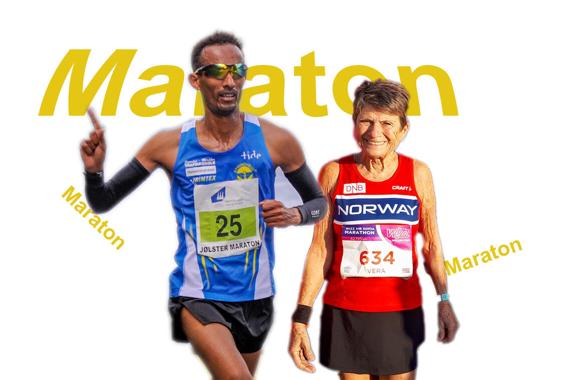 Ebrahim Abdulaziz og Vera Nystad topper maratonstatistikken for 2021 når vi justerer for alder. Men Ebrahim vant tross alt fjorårets NM i maraton. (Fotomontasje: Arne Dag Myking)
