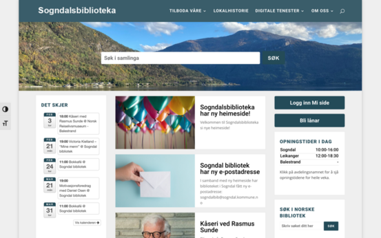 Skjermbilete av den nye nettsida til Sogndalsbiblioteka