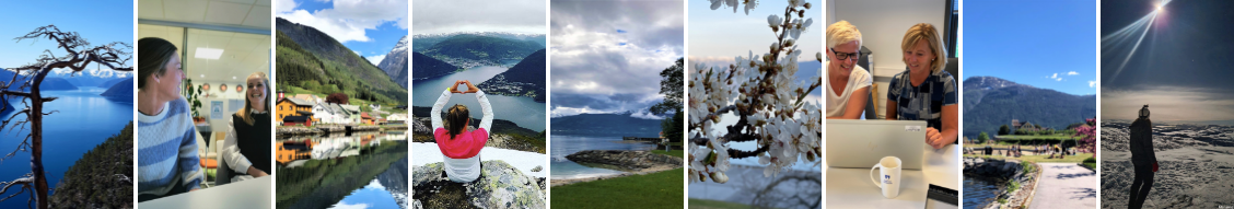 Collage med bilete som syner fjord, fjell, fruktblomstring og personar