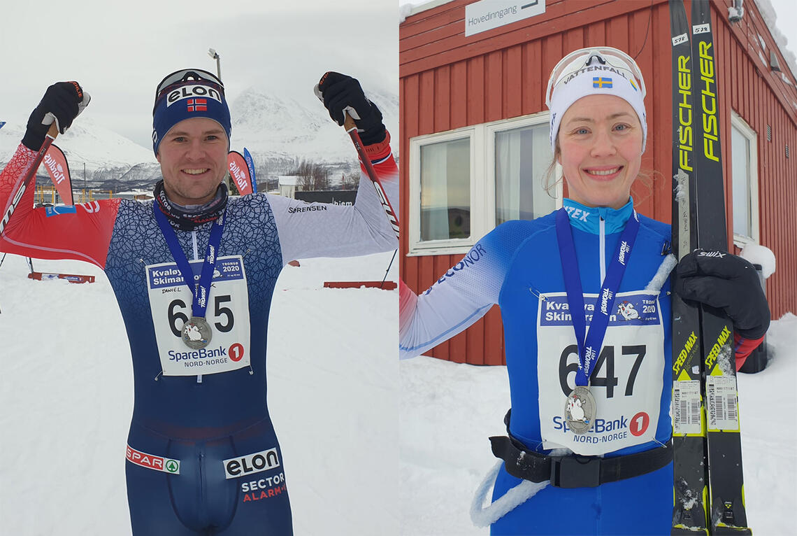 Daniel Stock vant herreklassen i Kvaløya Skimaraton, mens Merete Myrseth vant kvinneklassen. (Arrangørfoto: Ole-André Helgaas)