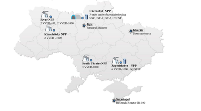 Kart over Ukraina med kjernekraftverk merket