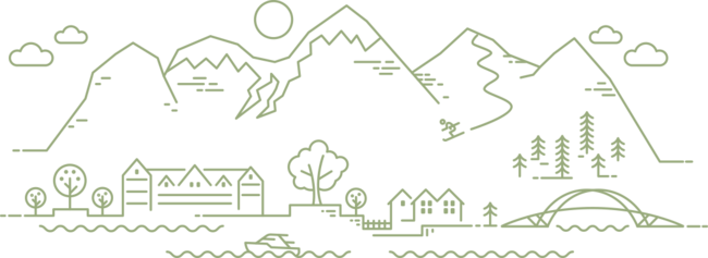 Ein illustrasjon som syner fjell, fjord, Kviknes hotel, skrivareiki og Loftesnesbrui.