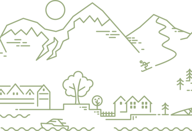 Ein illustrasjon som syner fjell, fjord, Kviknes hotel, skrivareiki og Loftesnesbrui.