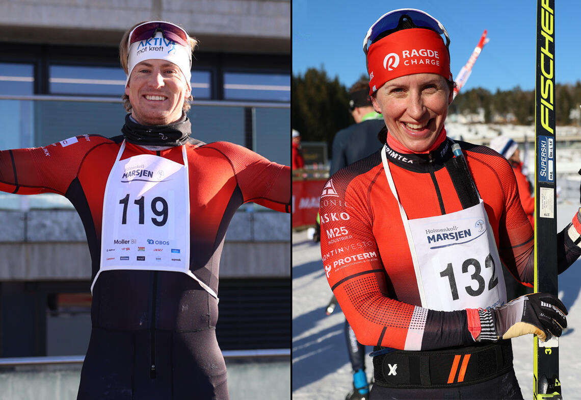 Under nydelige forhold ble det seier til Kasper Stadaas og Marit Bjørgen i Holmenkollmarsjen. (Foto: Tom-Arild Hansen)