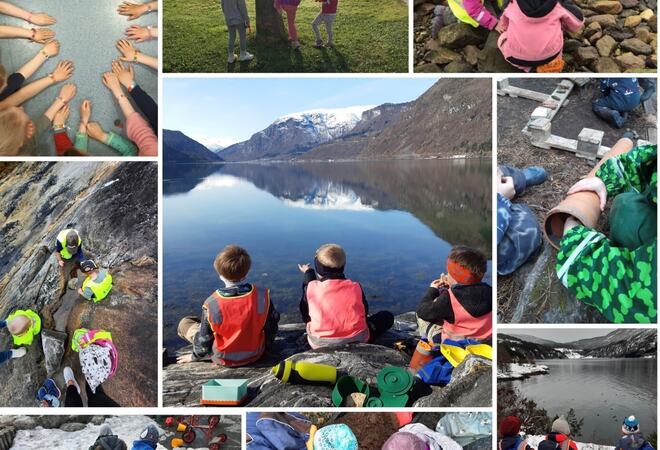 Collage med fleire bilete av barn ute i naturen. Fjord, fjell, snø og gras.