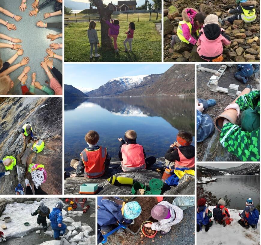 Collage med fleire bilete av barn ute i naturen. Fjord, fjell, snø og gras.
