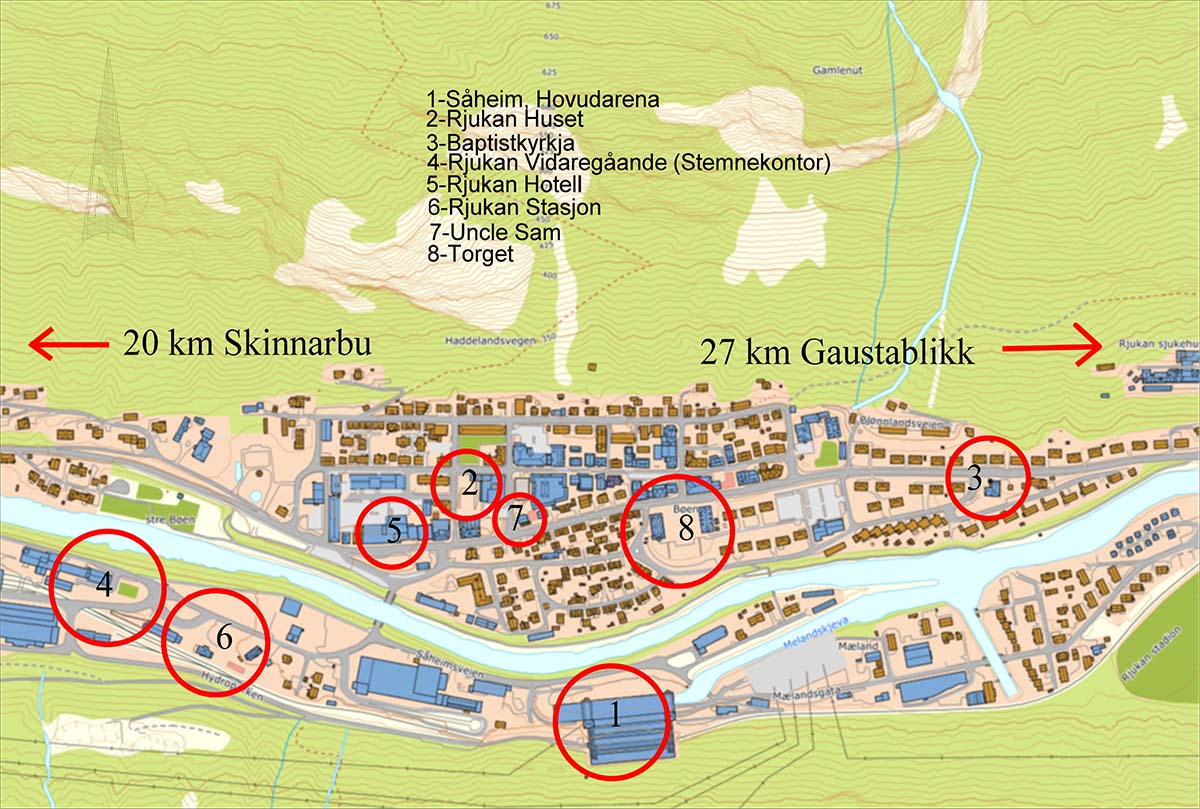 Oversiktskart over Rjukan i forbindelse med Landkappleiken 2022